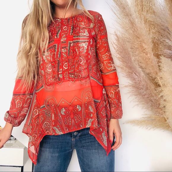 ANTHROPOLOGIE LOVE SAM Red White Printed Sheer Paisley Tunic Blouse Shirt TopS